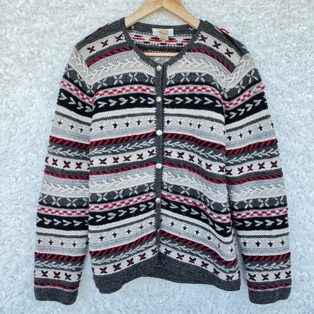 Talbots Small Hand Knit Wool Fair Isle Cardigan Sweater Gray Red Grannycore VTG - Picture 1 of 8